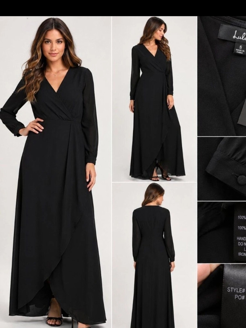 NWT Lulu's Black Long Sleeve Faux Wrap Maxi Dress Size S Formal Evening Gown.